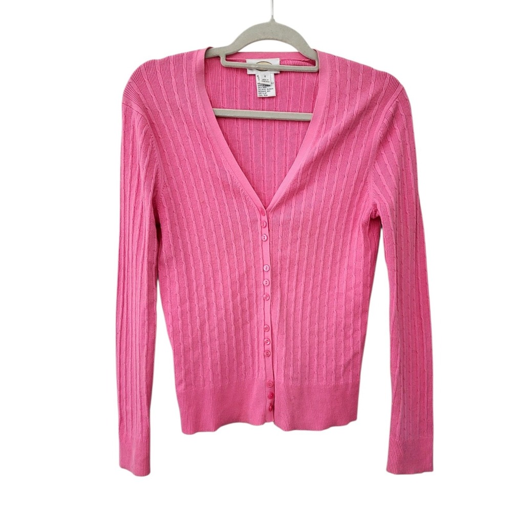 Vintage Talbots Pink Cardigan Sweater Womens S Cable Knit Buttons Made Hong Kong
